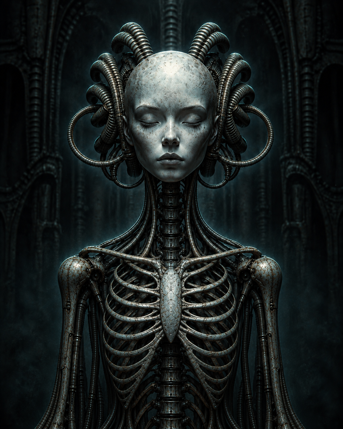 Serene biomechanical relic woman with an intricate tubing crown and weathered metallic ribs
